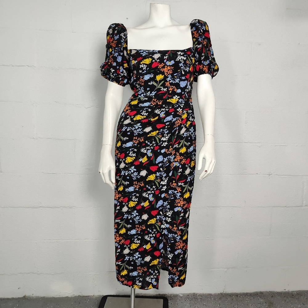 ASTR Floral Square Neck Slit Front Midi Dress